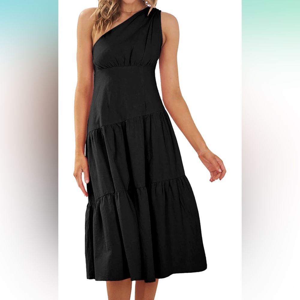 Elegant One Shoulder Black Midi Dress